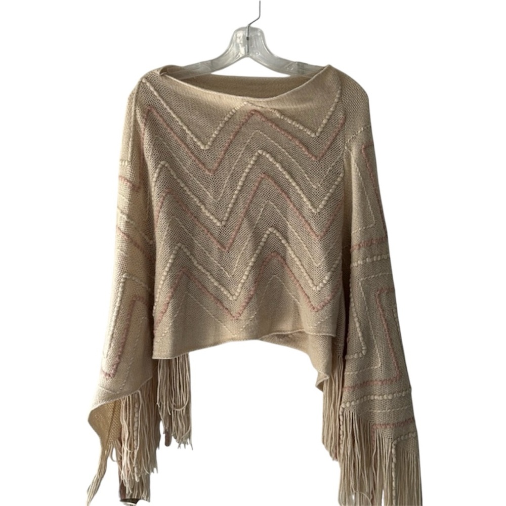 Karma Cream & Peach Textured Knit Poncho Pullover With Fringe